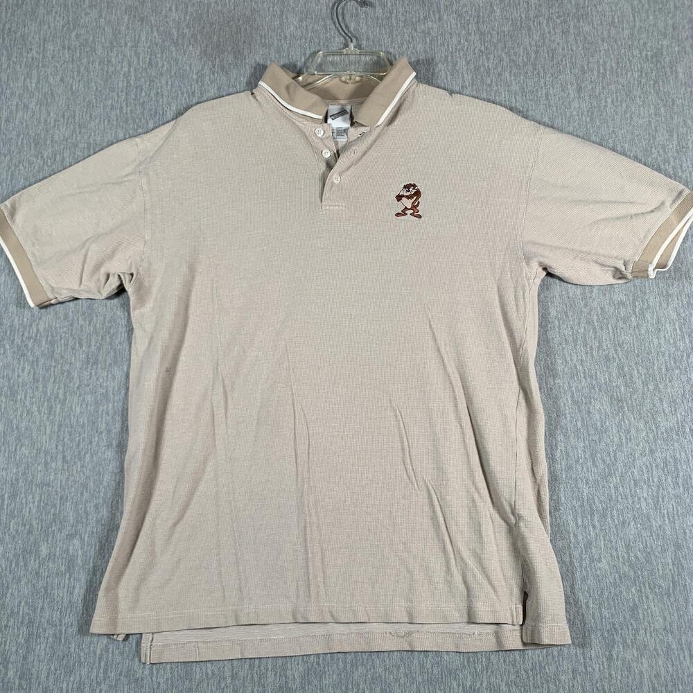 Vintage Taz Tasmanian Devil Polo Shirt Mens Large Beige Looney Tunes 90s